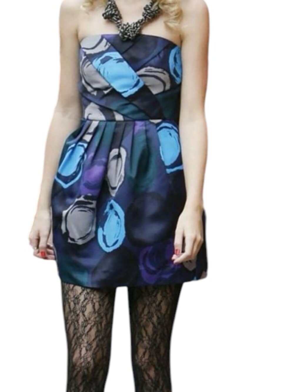 Armani Exchange Strapless Mini Dress Satin Pleated Geometric Black Blue 0